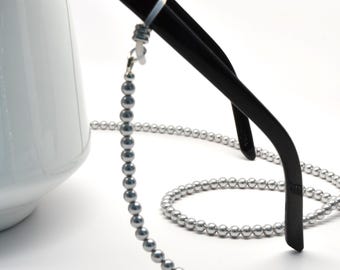 Bright silvery grey European crystal pearl glasses chain for reading glasses or sunglasses