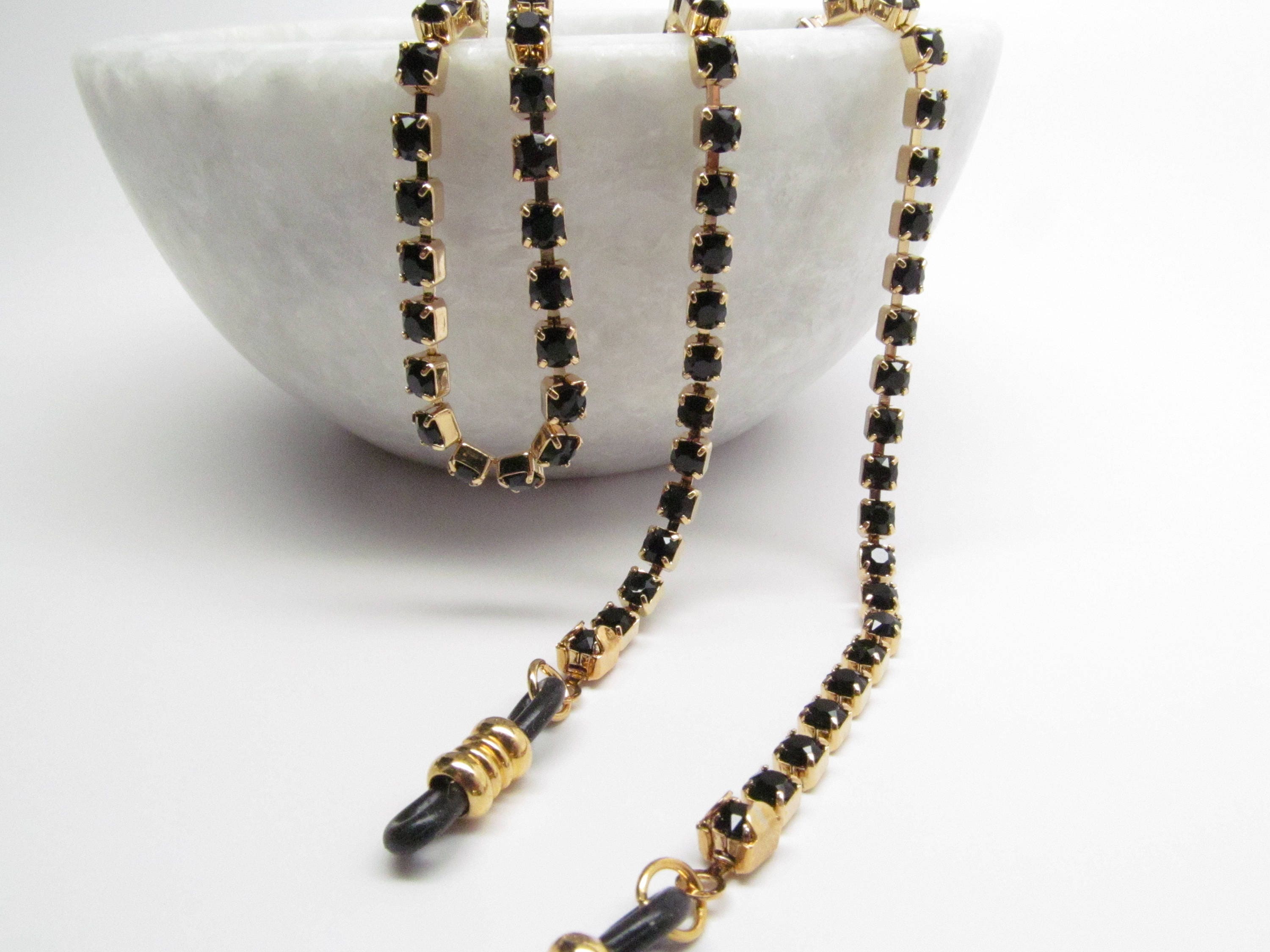 Glasses Chain in Jet Black Swarovski Crystal Gold Eyeglass Etsy
