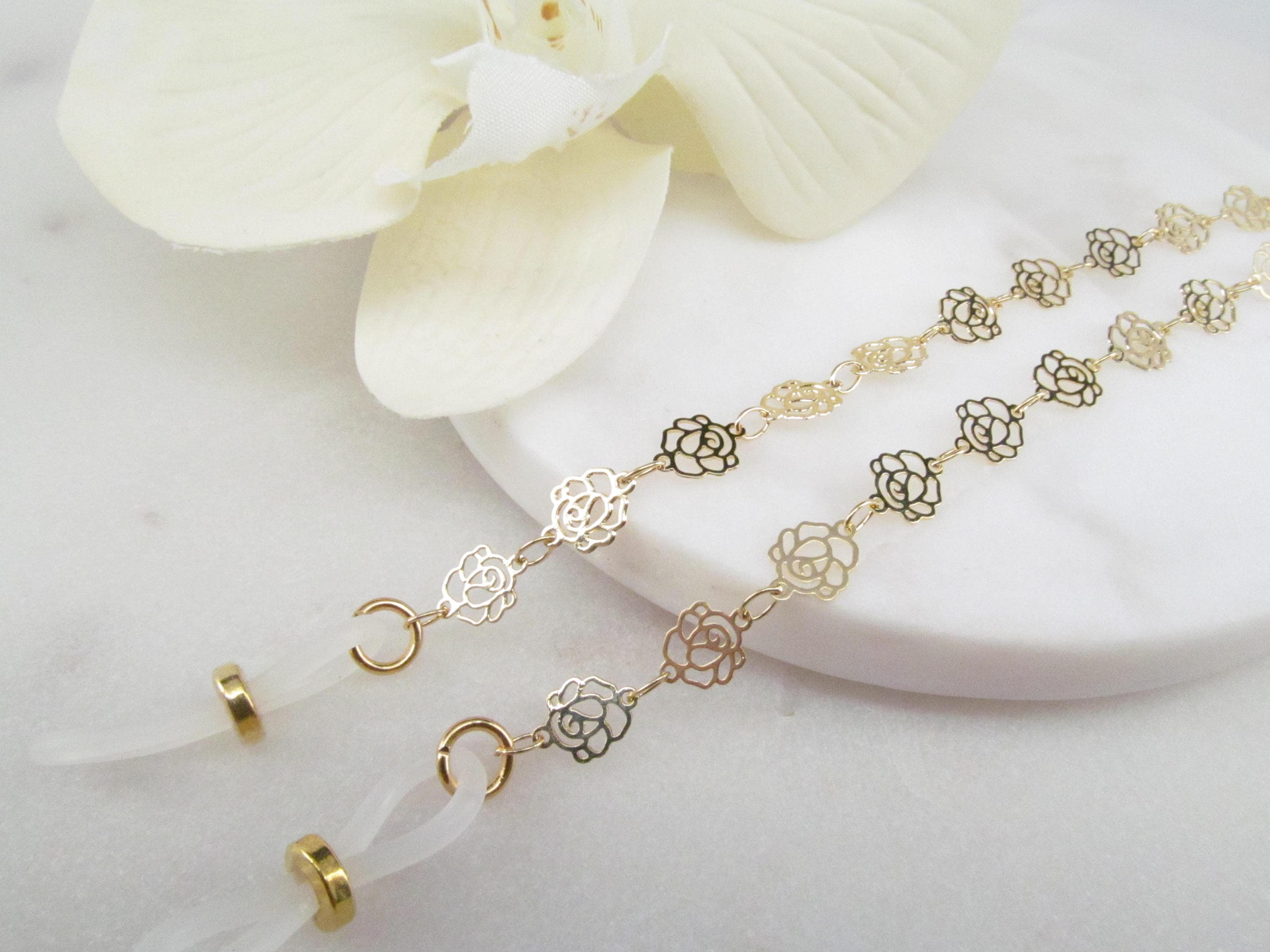 Pretty gold eyeglass chain with roses; glasses necklace; cadena gafas; glasses leash; reading glasses holder; glasses chain