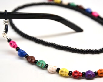 Colorful SKULLS beaded glasses chain also for holding readers or sunglasses; fun glasses necklace; FAST SHIPPING