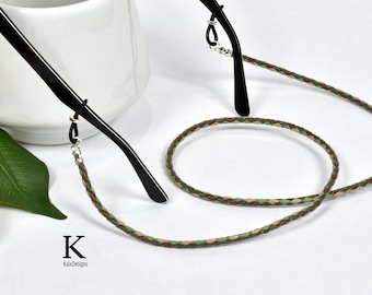 VEGAN Leather Glasses Holder; camouflage glasses chain; leather eyeglass cord; reading glasses holder; eyeglass chain; cotton neck strap