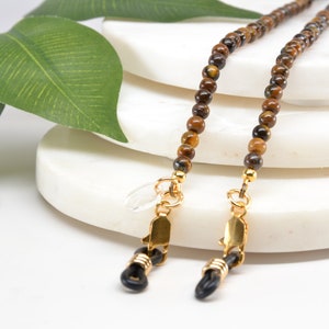 Brillenkette aus goldenem Tigerauge-Edelstein; echte Edelstein Brillenkette auch für Brillenträger und Sonnenbrillen; AKTUALISIERT