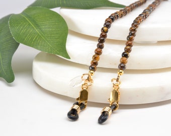 Glasses Necklace in Golden Tiger Eye Gemstone; genuine gemstone glasses chain also for readers and sunglasses; UPGRADED