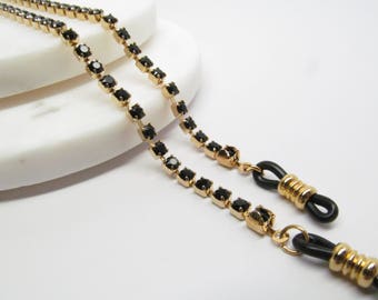 Glasses Chain with Jet Black Crystal; Gold Eyeglass Chain; Chain for Readers; Glasses Necklace Holder; Glasses Leash Cord