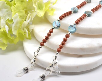 Gemstone glasses chain in turquoise and goldstone also for holding readers or sunglasses; genuine gemstone; UPGRADED