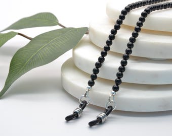 Jet black pearl eyeglasses chain with genuine European crystal pearls for holding reading glasses or sunglasses