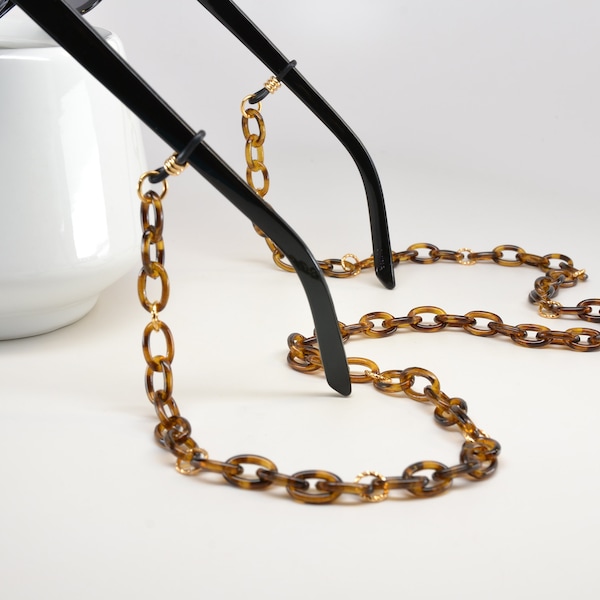 Tortoise Shell and Gold Link Glasses Chain for holding your glasses, readers or sunglasses; faux Tortoise Shell chain; FAST SHIPPING