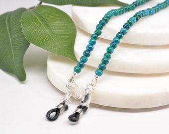 Gemstone glasses chain in bright green also for holding readers or sunglasses; genuine Azurite gemstone; UPGRADED