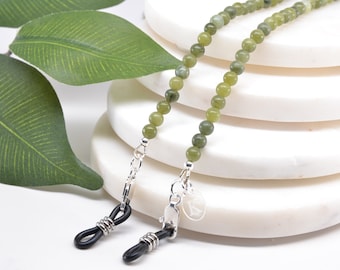 Gemstone JADE glasses chain also for holding readers or sunglasses; genuine Nephrite BC Jade; UPGRADED