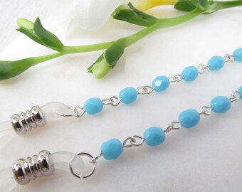 Turquoise blue beaded glasses chain holder with Czech glass beads linked on a silver chain; FAST SHIPPING