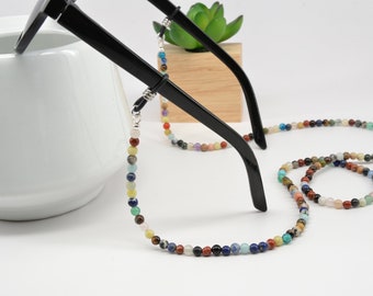 Glasses Necklace in Multi-Stone Gemstone; genuine gemstone glasses chain also for readers and sunglasses