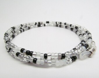 Salt and Pepper Beaded Glasses Chain for readers and sunglasses made from small crystal, black, silver and white seed beads