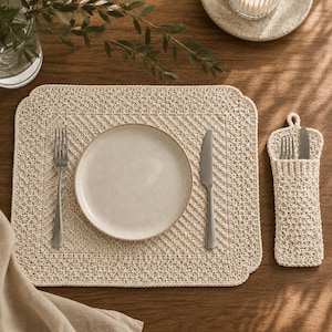 Crochet Placemat Pattern PDF, Linen Stitch Table Mat and Cutlery Sleeve, Minimalist Dining Decor, Easy Beginner Digital Download