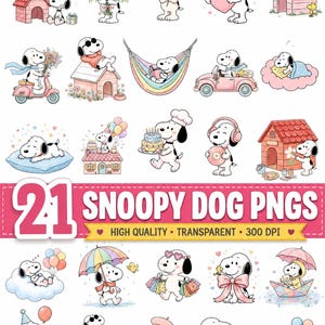 Puede incluir: Una colección de 21 ilustraciones digitales que muestran al personaje del beagle blanco Snoopy en diversas actividades, como sostener flores, dormir en una caseta, conducir un coche y llevar bolsas de compras, con el texto 21 SNOOPY DOG PNGS.