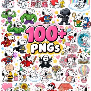 May include: A digital collection of over 100 Snoopy character illustrations featuring various costumes and themes, including superheroes, holiday motifs, floral arrangements, and birthday celebrations, all set against a white background.