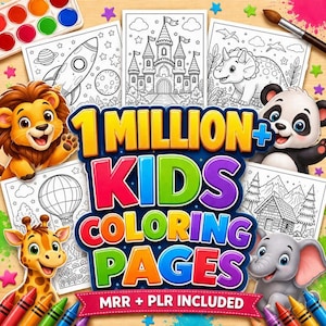 Puede incluir: Una colección de páginas para colorear para niños con dibujos en blanco y negro de un cohete, castillo, dinosaurio, globo aerostático y casa, rodeados de animales de dibujos animados como un león, panda, jirafa y elefante, con el texto 1 MILLION+ KIDS COLORING PAGES MRR + PLR INCLUDED.