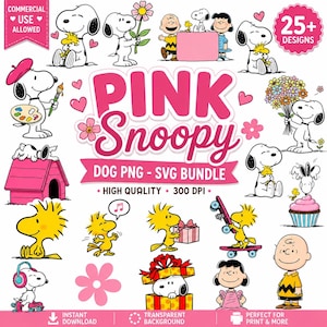 Puede incluir: Una colección digital de más de 25 ilustraciones de Snoopy y Woodstock en varias poses, incluyendo Snoopy con un pincel, sosteniendo flores y sentado en una caseta rosa, con el texto PINK Snoopy DOG PNG - SVG BUNDLE.