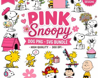 Może przedstawiać: Cyfrowa kolekcja ponad 25 ilustracji Snoopy'ego i Woodstocka w różnych pozach, w tym Snoopy z pędzlem, trzymający kwiaty i siedzący na różowej budzie, z napisem PINK Snoopy DOG PNG - SVG BUNDLE.