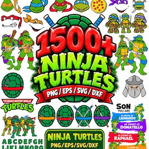 Può includere: Una collezione digitale di grafiche delle Tartarughe Ninja con varie teste di personaggi, pose a figura intera, gusci, armi e lettere. Il testo centrale recita 1500+ NINJA TURTLES PNG/EPS/SVG/DXF.
