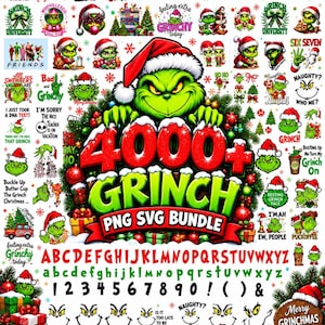 Könnte beinhalten: Eine digitale Sammlung von über 4000 Grinch-Grafiken als PNG und SVG, die den grünen Charakter in verschiedenen Posen, Weihnachtsmotive, Buchstaben des Alphabets, Zahlen und festliche Schriftzüge wie Grinch Mode zeigen.