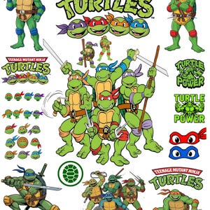 May include: A collection of Teenage Mutant Ninja Turtles stickers featuring various illustrations of the four characters, their logo, and the text Turtle Power. The designs include individual turtles, group poses with weapons, and facial masks.