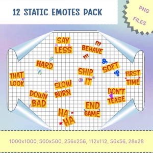 Puede incluir: Un paquete digital de 12 emoticonos estáticos con carteles rectangulares amarillos con texto en rojo que incluye Say Less, Behave, Hard, Ship It, Soft, First Time, That Look, Slow Burn, Down Bad, Don't Tease, Ha Ha y End Game sobre una cuadrícula.