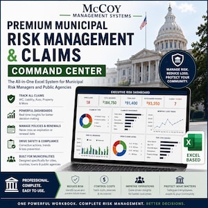 May include: A laptop displaying an Executive Risk Dashboard for McCoy Management Systems. The screen shows various charts, graphs, and financial data related to municipal claims. The background features a government building with a flag.
