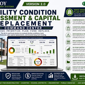 May include: A digital Microsoft Excel workbook for facility condition assessment and capital replacement. The screen displays an executive dashboard with charts, financial data, and metrics for managing building maintenance, funding, and long-term planning.
