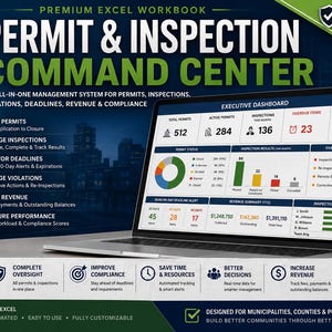 Könnte beinhalten: Ein Laptop mit einer Excel-Arbeitsmappe für ein Genehmigungs- und Inspektionszentrum. Der Bildschirm zeigt ein Executive-Dashboard mit Genehmigungsstatus, Inspektionsergebnissen, Umsatzübersichten und Arbeitslasten sowie Verwaltungsfunktionen.