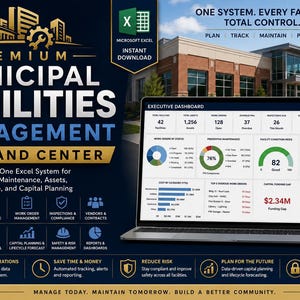 Può includere: Un annuncio digitale per un sistema Excel di gestione delle strutture municipali. La grafica mostra un computer portatile che visualizza una dashboard esecutiva con grafici di dati, insieme a testo che dettaglia il monitoraggio di strutture, risorse e manutenzione.