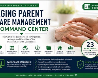 Aging Parent Care Management Excel | Caregiver Organizer, Medication & Appointment Tracker, Senior Care Dashboard