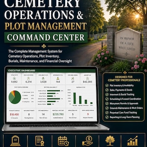 Op de afbeelding: Een digitale software-interface voor begraafplaatsbeheer en perceelbeheer weergegeven op een laptopscherm, met een executive dashboard met gegevensgrafieken, financiële statistieken en operationele trackingtools voor professioneel gebruik.