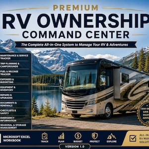 May include: A digital RV ownership command center workbook featuring a large recreational vehicle parked by a lake. The text includes Premium RV Ownership Command Center, The Complete All-in-One System to Manage Your RV & Adventures, and Microsoft Excel Workbook.