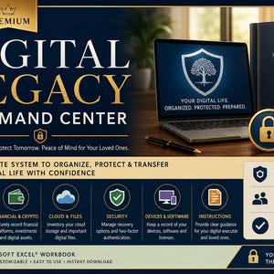 Könnte beinhalten: Ein digitales Nachlass-Kontrollzentrum mit einem Farbschema in Dunkelblau und Gold. Das Bild zeigt einen Laptop, ein Notizbuch und ein goldenes Schloss-Symbol. Der Text umfasst Digital Legacy Command Center sowie Microsoft Excel Workbook und weitere Kategorien.