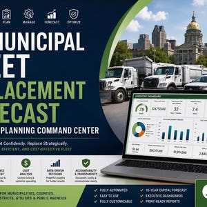 Op de afbeelding: Een digitale marketingafbeelding voor een Excel-werkmap voor de vervangingsprognose van gemeentelijke wagenparken. Het toont een laptop met een dashboard met grafieken, tekst en iconen, tegen een achtergrond van gemeentelijke voertuigen en gebouwen.