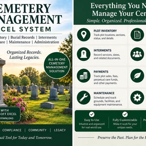 May include: A digital cemetery management system for Microsoft Excel featuring a stone monument background. The text includes Cemetery Management Excel System, Plot Inventory, Burial Records, Interments, Perpetual Care, Maintenance, and Administration.