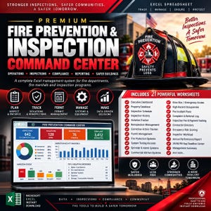 Könnte beinhalten: Ein digitales Tabellenkalkulations-Dashboard für das Brandschutz- und Inspektionsmanagement. Die Anzeige zeigt Diagramme und Daten zu Inspektionen und Compliance. Ein schwarzer Feuerwehrhelm ist oben rechts im Bild zu sehen.
