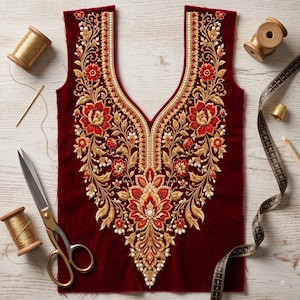 May include: A deep red velvet fabric panel featuring an intricate embroidered neckline with gold thread, red floral motifs, and small white beads. The panel is surrounded by sewing tools including gold thread spools, scissors, and a measuring tape.