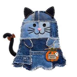 Retro-Patchwork-Geisterkatze Halloween PNG, JPEG, Transparenter Hintergrund, gruseliges Denim-Design (Sofort-Download)
