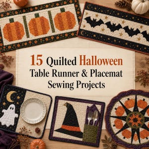 Op de afbeelding: Een collectie doorgestikte Halloween-tafellopers en placemats met pompoen-, vleermuis-, spook- en heksenhoedmotieven. De centrale tekst luidt 15 Quilted Halloween Table Runner & Placemat Sewing Projects, met diverse stoffen patronen.