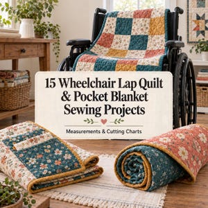 Puede incluir: Una portada de libro titulada 15 Wheelchair Lap Quilt & Pocket Blanket Sewing Projects with Measurements & Cutting Charts, que muestra una silla de ruedas con una colcha de retazos y dos edredones florales plegados en tonos verde azulado, naranja y crema.