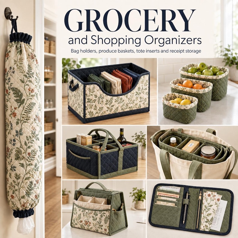 May include: A collection of quilted grocery and shopping organizers featuring a floral print on cream fabric and solid olive green accents. Items include a hanging bag dispenser, storage bins, produce baskets, a tote insert, and a receipt wallet.