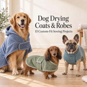 May include: A golden retriever, a dachshund, and a French bulldog wearing textured dog drying coats and robes. The text reads: Dog Drying Coats & Robes 15 Custom-Fit Sewing Projects. The coats are blue and green with wrap-around closures.