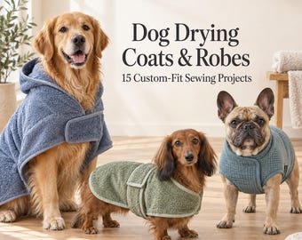 Może przedstawiać: Golden retriever, jamnik i buldog francuski w teksturowanych płaszczach i szlafrokach do suszenia psów. Tekst głosi: Dog Drying Coats & Robes 15 Custom-Fit Sewing Projects. Płaszcze są niebieskie i zielone z zapięciami na rzepy.