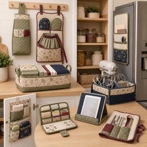 May include: A collection of quilted fabric kitchen organizers featuring floral and solid patterns in olive green, navy blue, and cream. Items include wall-hanging pockets, a rectangular storage basket, a tablet stand, and a flatware roll-up case.