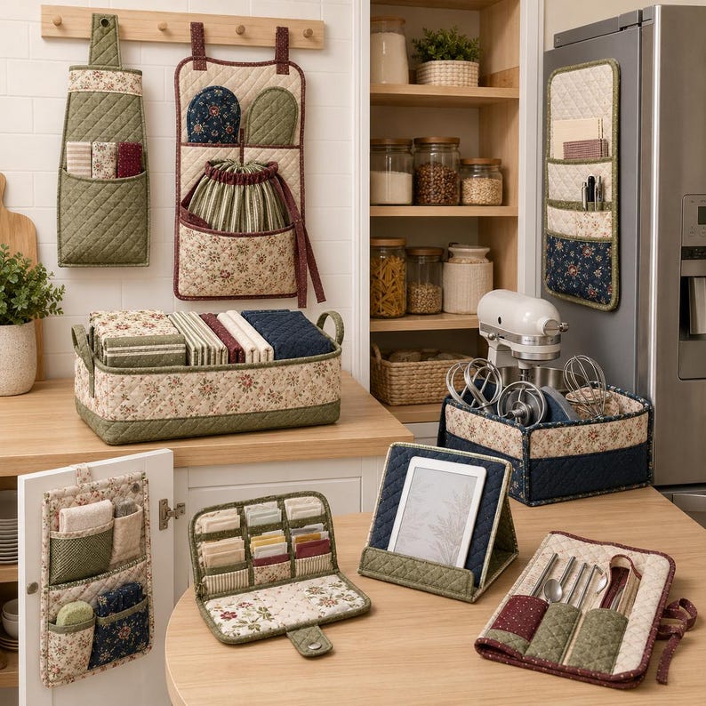 May include: A collection of quilted fabric kitchen organizers featuring floral and solid patterns in olive green, navy blue, and cream. Items include wall-hanging pockets, a rectangular storage basket, a tablet stand, and a flatware roll-up case.