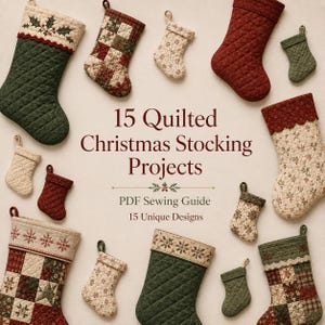 May include: A collection of various quilted Christmas stockings in red, green, and cream colors with different patterns, surrounding the text 15 Quilted Christmas Stocking Projects PDF Sewing Guide 15 Unique Designs in the center of the image.