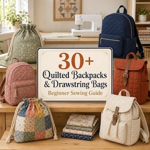 Può includere: Una collezione di zaini e borse a sacco trapuntati in vari colori, tra cui blu navy, ruggine, crema, verde salvia e motivi floreali. Un cartello centrale mostra il testo 30+ Quilted Backpacks & Drawstring Bags Beginner Sewing Guide.