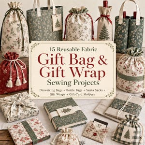 May include: A collection of reusable fabric gift bags, wraps, and pouches featuring various holiday-themed patterns, including botanical prints and snowflakes. A central sign reads 15 Reusable Fabric Gift Bag & Gift Wrap Sewing Projects.