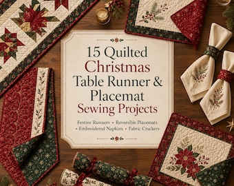Może przedstawiać: Kolekcja pikowanych świątecznych bieżników, podkładek, haftowanych serwetek i materiałowych crackerów. Centralny znak głosi 15 Quilted Christmas Table Runner & Placemat Sewing Projects, Festive Runners, Reversible Placemats, Embroidered Napkins, Fabric Crackers.